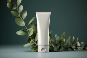 A mock-up of a tube of white cream with a lid on a backgr. ound of eucalyptus leaves. photo