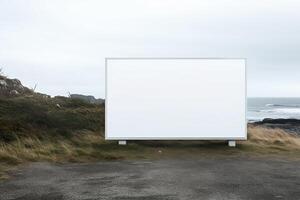 Mock up white outdoor advertising poster on the beach. AI Generative photo