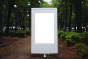 Layout of a white outdoor advertising poster in the park. AI Generative photo