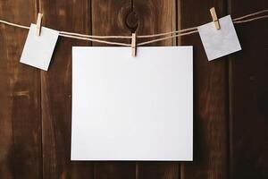 White paper sheets hang on a string with a clothespin. photo