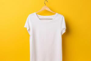 A white T-shirt is hanging on a hanger.. photo
