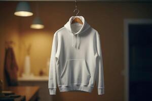 Mock-up of a white hoodie with a hood and pocket hanging on a hanger. photo