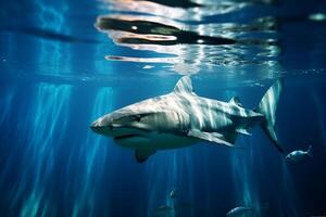 el tiburón es nadando en el agua. refracción de luz de sol. ai generativo foto