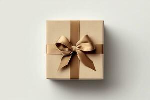 Brown square box with ribbon and bow. AI Generative photo