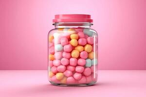 Glass jar with pink candies. AI Generative photo