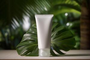 A mock-up white tube for cream on the background of palm leaves. photo
