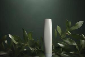 A mock-up of a tube of white cream with a lid on a background of eucalyptus leaves.. photo