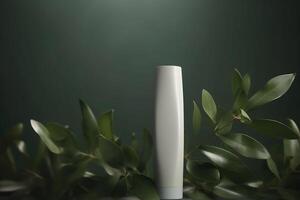 A mock-up of a tube of white cream with a lid on a background of eucalyptus leaves.. AI Generative photo