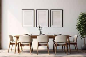 The interior of a modern Scandinavian-style dining room with empty frames on the wall. photo