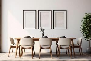 The interior of a modern Scandinavian-style dining room with empty frames on the wall. AI Generative photo