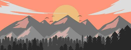 paisaje vector ilustración de montaña y bosque ver con ligeramente nublado cielo en el tarde