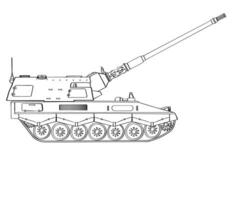 Military armored vehicle doodle. Self-propelled howitzer. Raised barrel. vector