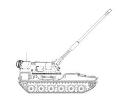 Self-propelled artillery in line art. Raised barrel. Poland army. Military armored vehicle. vector