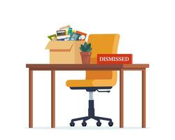 Office workplace and box with office things. Dismissed. Fired from job. Empty office armchair. Recruitment and people management vector concept illustration.