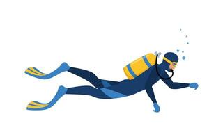 Man Diver with diving equipment wearing wetsuit with oxygen tank and fins. Vector illustration isolated.