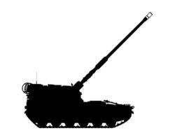 Self-propelled artillery silhouette. Raised barrel. Military armored vehicle. vector