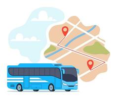 Tour bus and map with traffic navigation route location marker scheme. Vector flat illustration for passenger traffic service.