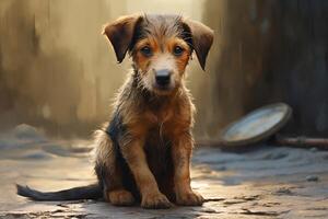 A homeless dirty puppy is sitting on the street. photo