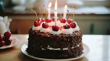 Chocolate cake with cherries and candles with fire. AI Generative photo
