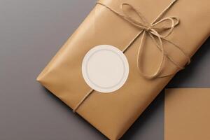 Mock-up of a white sticker on a gift box. photo