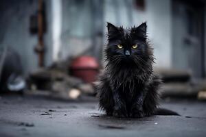 A homeless dirty wet black kitten is sitting on the street. photo
