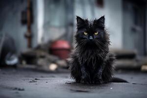 un Vagabundo sucio mojado negro gatito es sentado en el calle. ai generativo foto