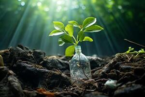 A young sprout grows in a plastic bottle. The concept of environmental pollution. AI Generative photo