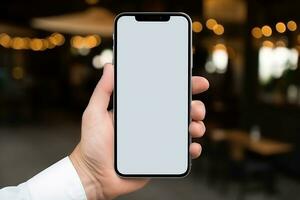 Hand with phone, white screen. AI Generative photo
