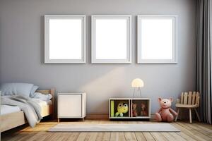 The interior of a children's room with a bed and frames on the wall. AI Generative photo