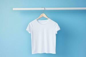 A white T-shirt is hanging on a hanger. AI generated photo