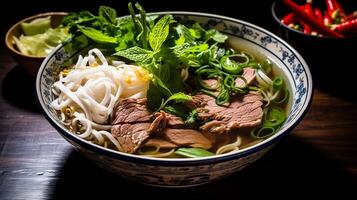 Pho Bo soup with meat and noodles. AI Generative photo