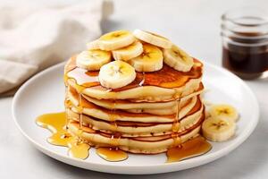 A mountain of pancakes with banana and honey. AI Generative photo