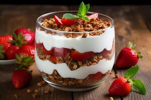 Granola with yogurt and strawberries in a glass. photo