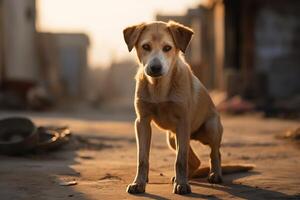 A homeless dirty puppy is sitting on the street. AI Generative photo