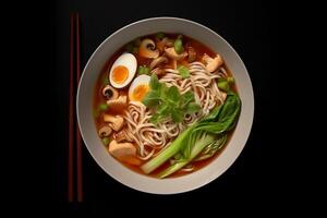 Soup with noodles mushrooms and eggs with herbs. photo