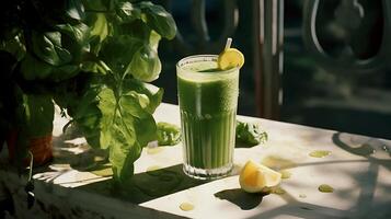 verde zalamero con limón y Paja en el mesa. ai generativo foto