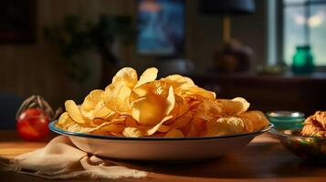 Potato chips are on a plate in the kitchen. photo