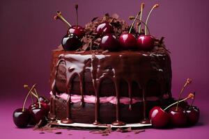 Chocolate cake with cherry and icing. AI Generative photo