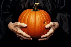 The old woman's hands are holding a round pumpkin. AI Generative photo