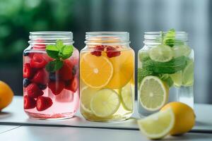 Refreshing lemonades with fruit are in cans, mojito, orange and berry. AI Generative photo