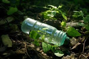 A plastic bottle is lying on the ground in the forest. AI Generative photo