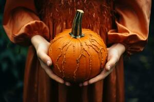 A woman holds a pumpkin in her hands.. AI Generative photo