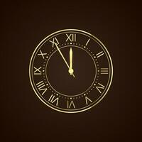 Golden Clock Dial with Roman Numbers. New Year Countdown and chimes. Five minutes before twelve. Vector