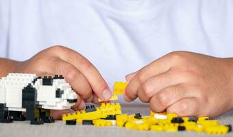 Close up Asian girl 5-6 year old kid playing with Lego bricks or toy at home, Asian girls relax with playing brick blocks on wooden table and enjoy playing toys. photo