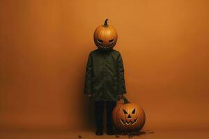 un hombre con un calabaza en su cabeza en un chaqueta. ai generado foto