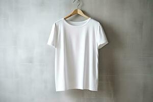 A white T-shirt is hanging on a hanger. AI generated photo