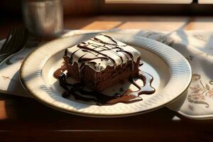 Brownie cake with chocolate on a plate. AI generated photo