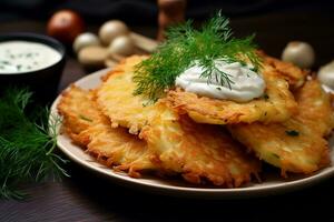 Potato pancakes draniki with herbs and sour cream. AI generated photo