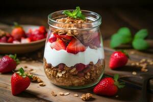 Granola with yogurt and strawberries in a glass. AI generated photo