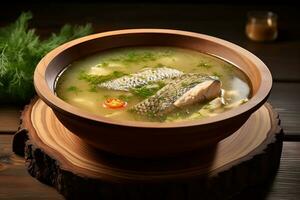 Fish soup, fish soup in broth with herbs. AI generated photo